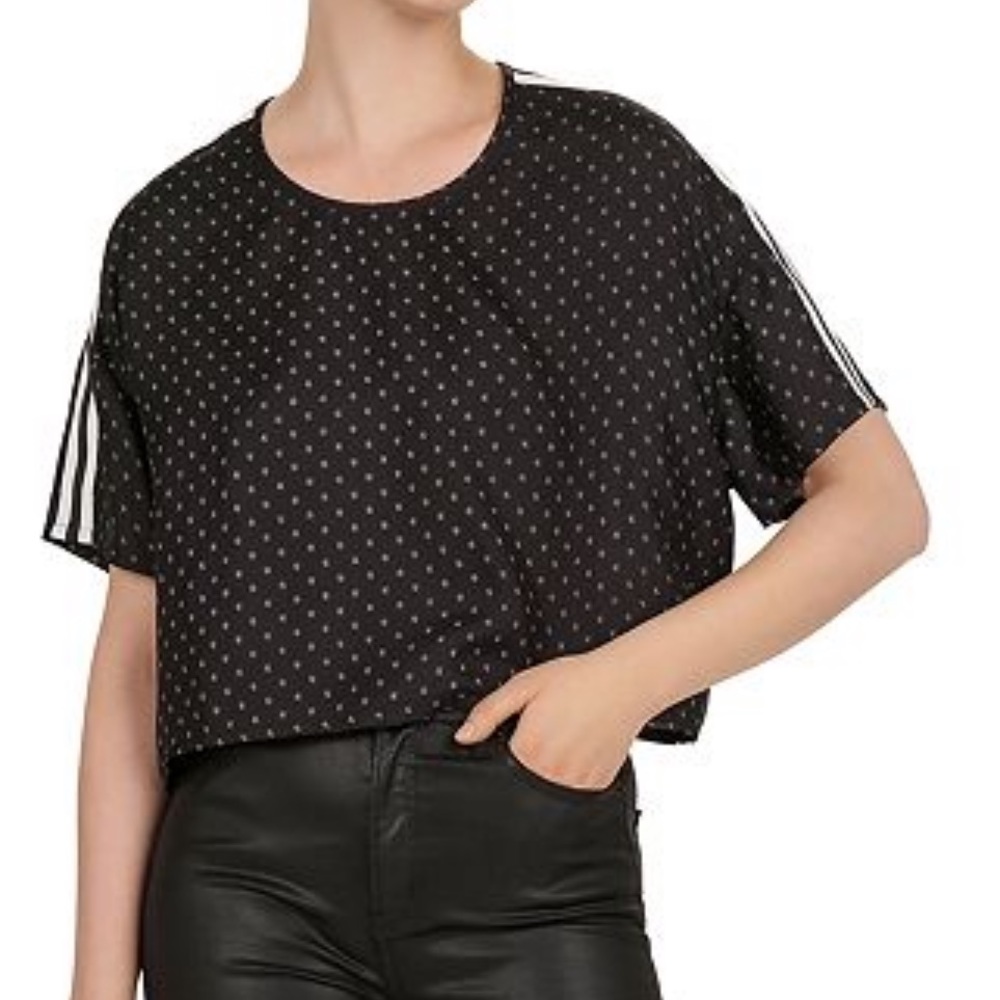The Kooples Sport Striped Micro Floral Print Cropped Silk Blend Top